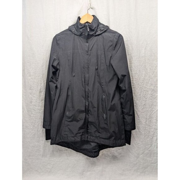 Modetta womens size Medium black geometric rain jacket wind breaker, hood zip T8 - Picture 1 of 14